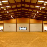 Indoor steel agricultural building with dirt floor and windows