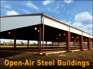 Photo of an open-air metal horseback riding arena without walls