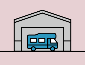 illustration of an RV stored inside a metal steel building