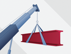 Red, white, and blue illustration of a crane hoisting a steel beam