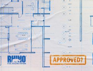 Blue and white steel building schematic with "Approved" stamp